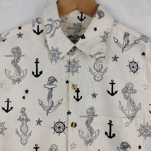 Sayulita Shirt Co Men Size S White Blue Short Sleeve Sailing Nautical Anchor AOP
